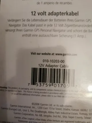 Cable mechero Garmin 12V 010-10203-00 Nuevo