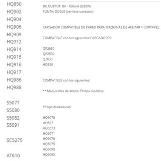 Cargador Philips HQ850-1789 EU 8V-100MA