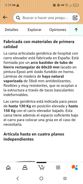 Cama articulada geriátrica con carro elevador 105