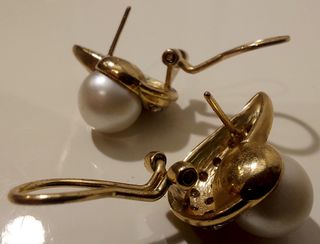 Pendientes vintage oro 18k, + 12 diamantes + perla