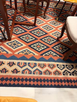 Alfombra Kilim Grande Azul, Beig y Naranja