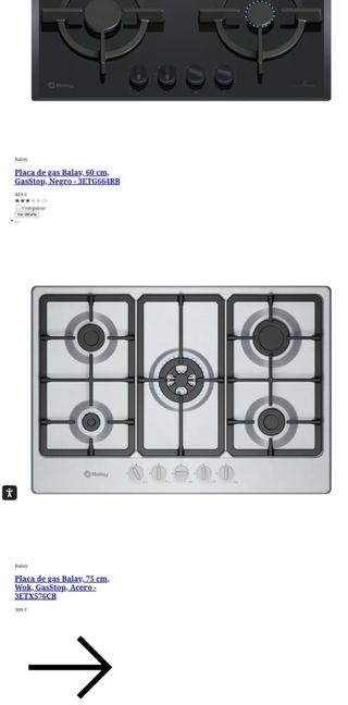 Placa de gas Balay 75cm con 5 fuegos.