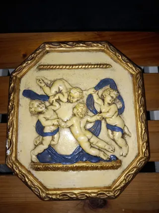 Cuadro antiguo ángeles y marco dorado