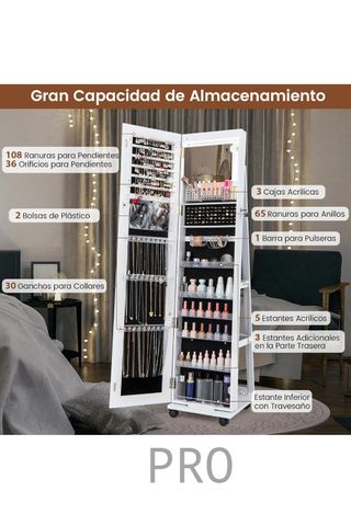 Espejo Joyero de Pie con 4 Ruedas Giratorias 360°