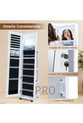 Espejo Joyero de Pie con 4 Ruedas Giratorias 360°