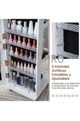 Espejo Joyero de Pie con 4 Ruedas Giratorias 360°