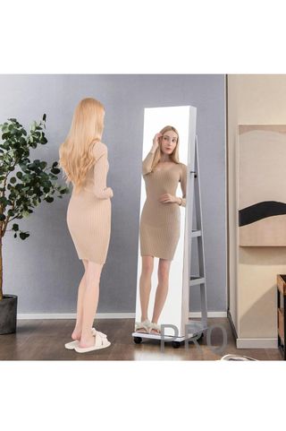 Espejo Joyero de Pie con 4 Ruedas Giratorias 360°