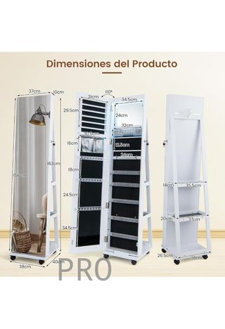 Espejo Joyero de Pie con 4 Ruedas Giratorias 360°