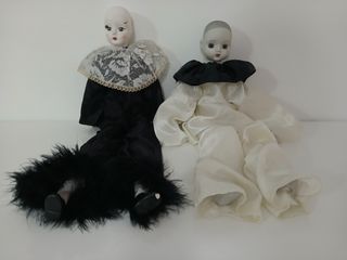 Coppia Set 2 Bambole Pierrot in Porcellana Vintage