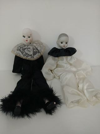 Coppia Set 2 Bambole Pierrot in Porcellana Vintage