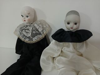 Coppia Set 2 Bambole Pierrot in Porcellana Vintage