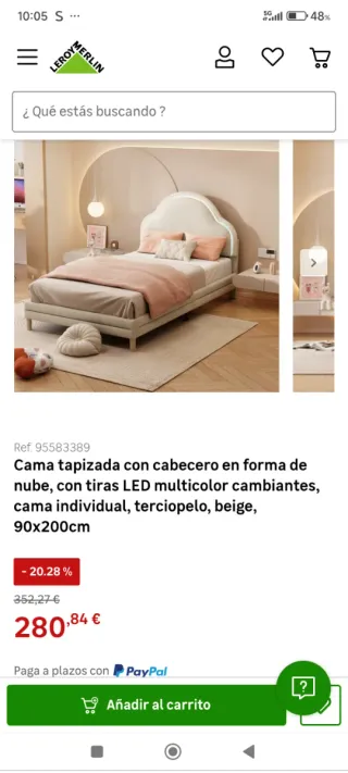 Cama individual terciopelo beige LED