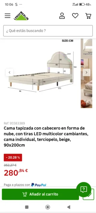 Cama individual terciopelo beige LED