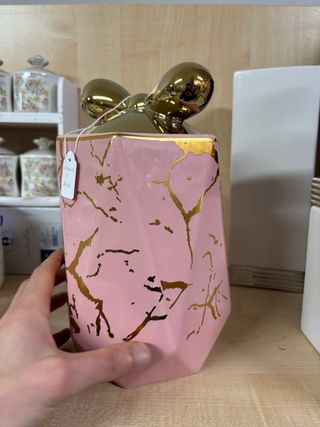 Biscottiera in porcellana con fiocco oro