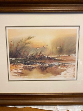 Cuadro paisaje acuarela aves madera