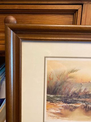 Cuadro paisaje acuarela aves madera