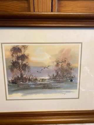 Cuadro paisaje acuarela patos