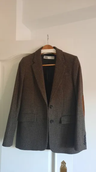 Blazer Zara Lana Cuadros Marrón Gris
