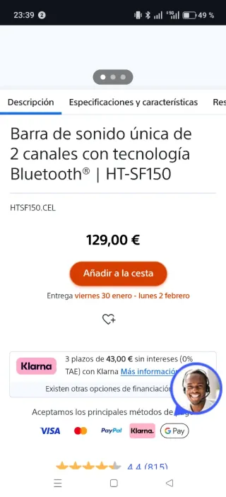 Barra de Sonido Sony HT-SF150 Negra