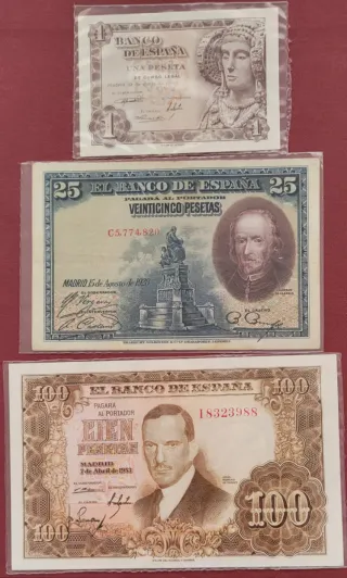 3 Billetes Españoles: 1, 25 y 100 Pesetas