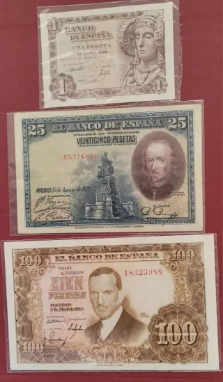 3 Billetes Españoles: 1, 25 y 100 Pesetas
