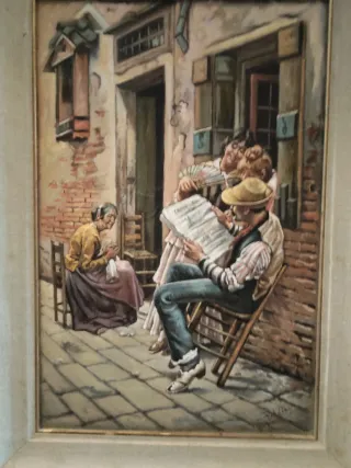 Olio su cartone: Lettura del quotidiano