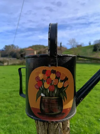 Regadera de metal decorada con flores