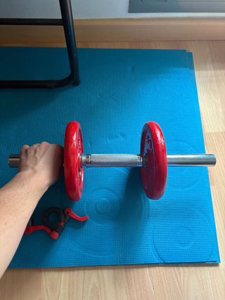 Barra mancuernas cromada (2kg) y 2 discos 3kg