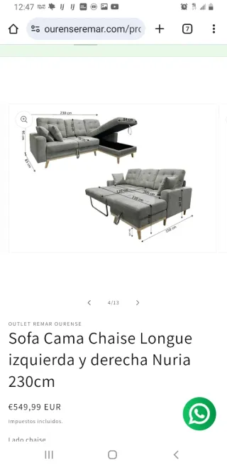 Sofá Cama Chaise Longue Nuria 230cm