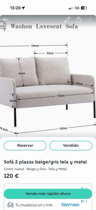 Sofá 2 plazas tela gris