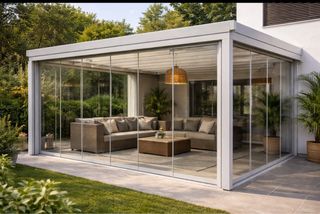 Pérgola con cortinas de cristal