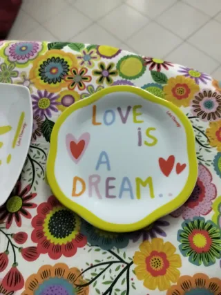 Set 5 Piatti Cuore Rosa Bianco Ceramica