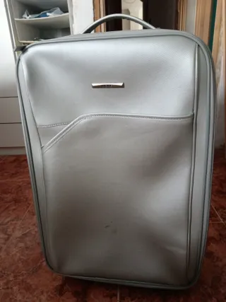 Maleta de viaje beige y gris