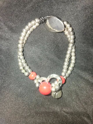Pulsera Mujer Cuentas Rojas y Plateadas