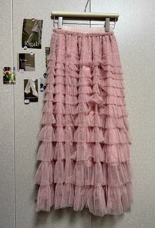 Falda Coreana Tul Rosa Cintura Alta