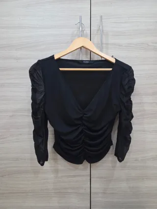 Top Negro Guess Ruched Manga Transparente