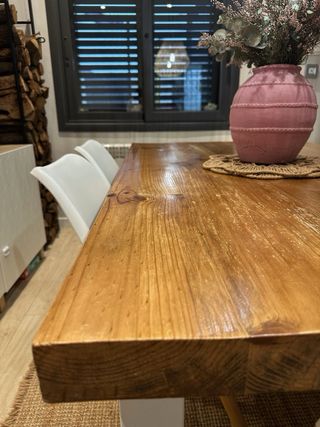 Mesa comedor madera maciza + hierro blanco 150x90