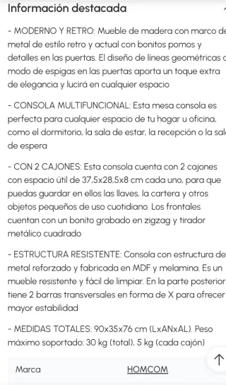 Mueble recibidor con dos cajones de madera y metal