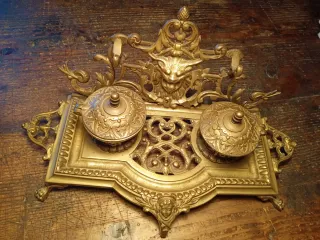 Antico calamaio porta inchiostri pennino in bronzo