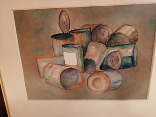 Cuadro marco madera y dorado, dibujo de latas