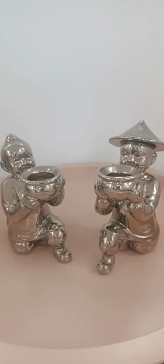 2 Portavelas Chinos Cerámica Plata