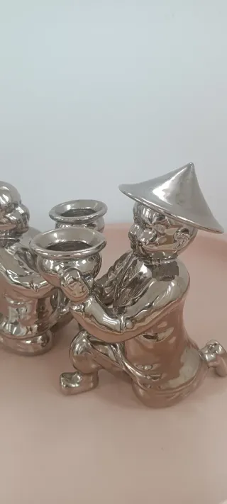 2 Portavelas Chinos Cerámica Plata