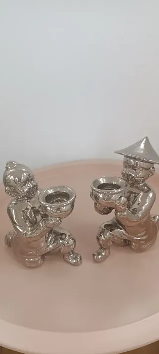 2 Portavelas Chinos Cerámica Plata