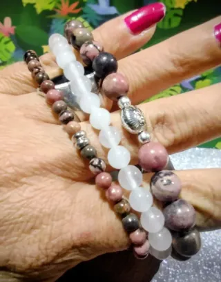 Conjunto 3 pulseras piedra cuarzo Rodonita granate