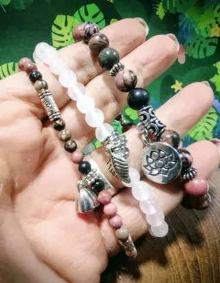 Conjunto 3 pulseras piedra cuarzo Rodonita granate