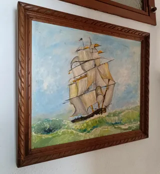 Cuadro Marino Vintage Barco Velero Marco Madera