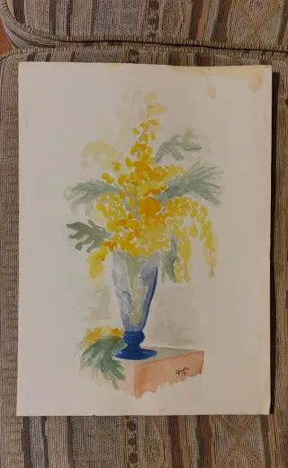 Acquerello fiori gialli vaso blu