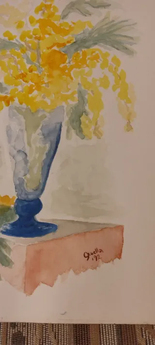 Acquerello fiori gialli vaso blu