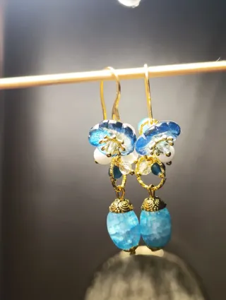 Orecchini fiori ,Murano Giada celeste,Acciaio