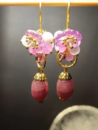 Orecchini fiori rosa giada acciaio